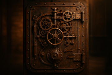 Intricate Steampunk Gear Mechanism on Rustic Metal Door