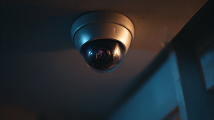 White dome security camera mounted on a dark ceiling. Closed circuit television monitoring system for surveillance and protection.