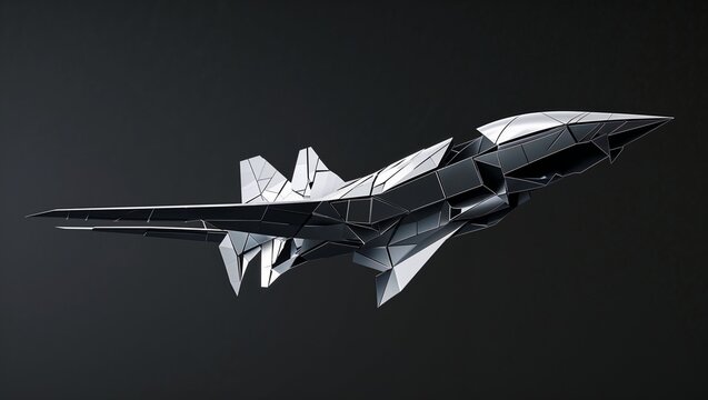 Floating polygonal jet model hovering against dark backdrop, with facets and metallic highlights - Powered by Adobe