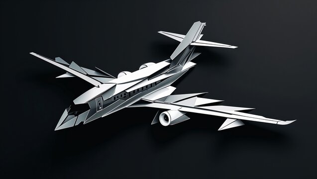 Floating futuristic jet featuring angular panels on dark void stage, with twin turbofan engines - Powered by Adobe