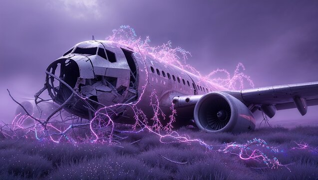 Wrapping glowing tendrils around airplane fuselage in misty tall grass with broken cockpit, engine - Powered by Adobe