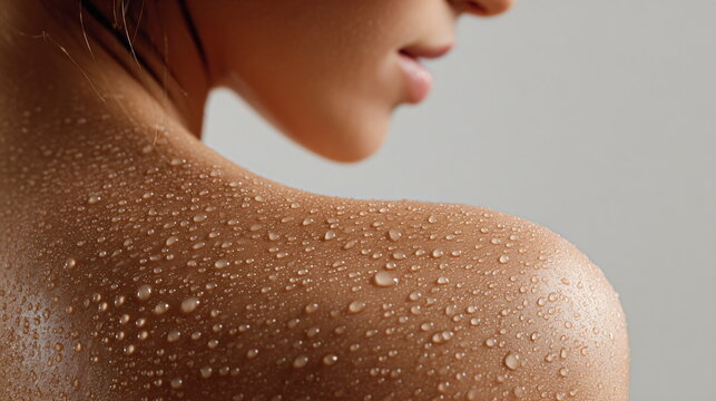 Fresh water drops on a woman's shoulder, clean bare skin covered with visible droplets, self-care and moisture concept for beauty product advertisement.