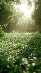 Obraz premium Sunny day shining on grassy field between tree branches creating a peaceful nature scene