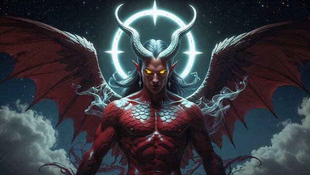 Hovering red winged demon with horns under starry sky, swirling mist and luminescent halo