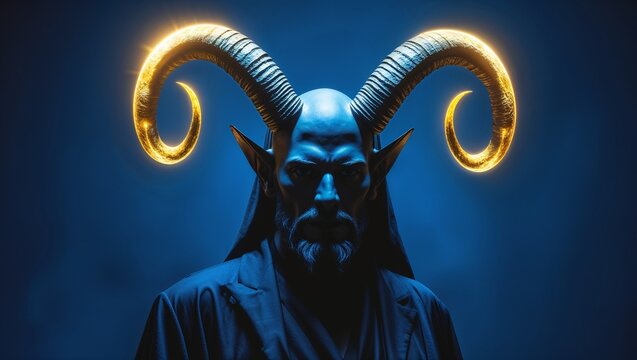Posing blue-skinned horned humanoid in misty studio wearing dark cloak, with glowing gold horns - Powered by Adobe
