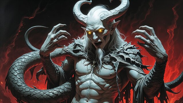 Standing demonic humanoid revealing glowing yellow eyes and snake tails in hell, with horns, cloak - Powered by Adobe