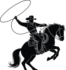 Silhouette of cowboy riding horse and throwing lasso on white background