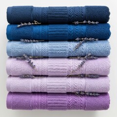 Stack of luxury cotton bath towels in blue and purple shades with lavender for spa and bathroom decor