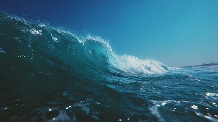 Fototapeta premium Ocean wave cresting against a clear blue sky, splashing water drops with bright sun glare for summer vacation and sea landscape.