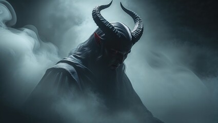 Emerging demonic humanoid figure pushing through mist in cavern, with curved horns and dark robe
