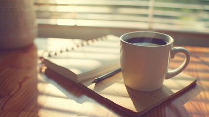 Warm morning flat lay with kraft notebook, handwritten notes, and steaming coffee in soft aesthetic