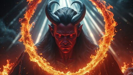 Standing red-skinned demon casting swirling flame ring in cave, with dark robe, horns and amulet