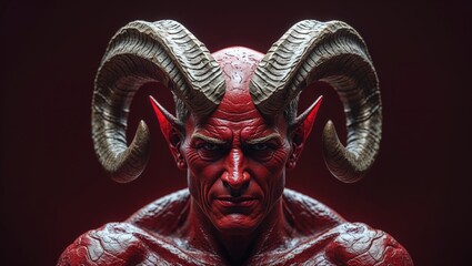 Highlighting red-skinned demon in studio under red light, curved horns, pointed ears, veined torso