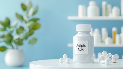 A sleek white bottle labeled 'Adipic Acid' stands prominently among a variety of wellness products.