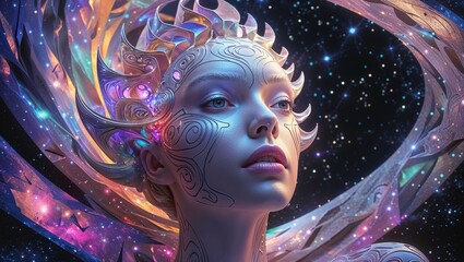 Floating android figure displaying swirling ribbons in cosmic void, with glowing headpiece and gems