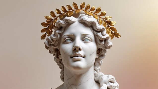 Displaying marble bust sculpture standing on smooth gradient backdrop, with gold laurel wreath - Powered by Adobe