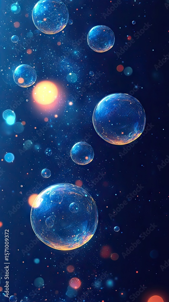 Sticker bubbles float in a dark, atmospheric, glittering space, creating depth & a sense of wonder
