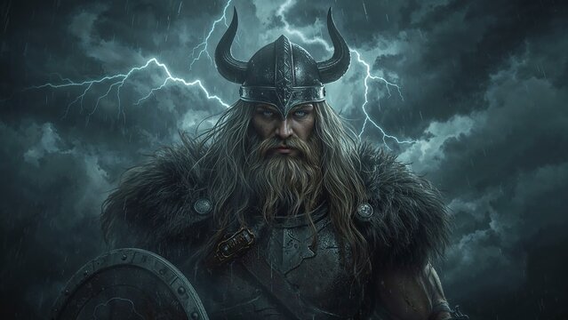 Standing Viking warrior gripping shield in stormy sky, with horned helmet, cloak and engraved armor - Powered by Adobe