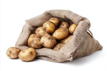 Harvested potatoes in a burlap sack isolated against a white background.
