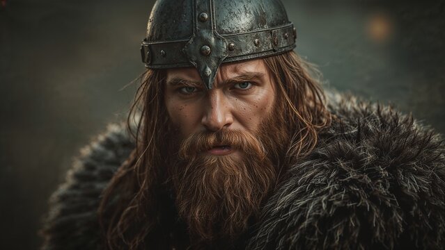 Staring intense adult male warrior wearing steel helmet and fur cloak in studio, with battle theme - Powered by Adobe