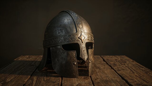 Resting medieval helmet showing engraved patterns on aged wooden table in dim lit room, armor focus