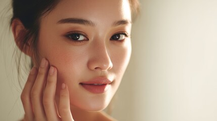 Fototapeta premium Asian female model gently touching her smooth face, radiating natural beauty