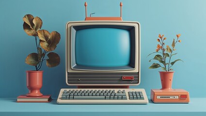 Naklejka premium Displaying vintage CRT monitor, keyboard, floppy drive on blue tabletop, with terracotta plant pots