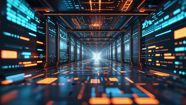 Extending through spaceship corridor with glowing circuits and beams, displaying holographic panels - Powered by Adobe