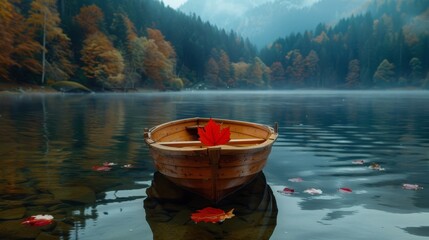 Serene small wooden boat on misty lake surrounded by autumn forest and a single red maple leaf