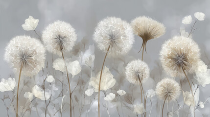 Artistic illustration of dandelions on a gray background, creating a sense of lightness.