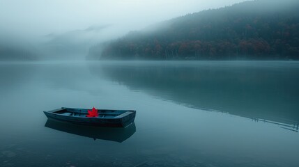 Serene wooden boat on misty lake surrounded by autumn forest with a single red maple leaf