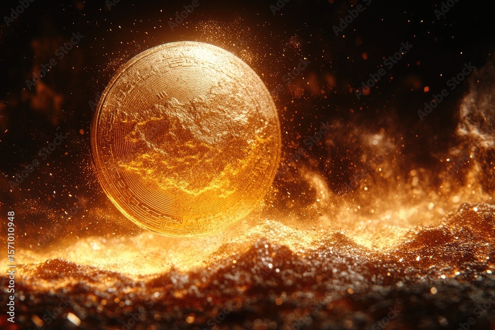 Wall mural glowing coin hovering over turbulent orange wave with particles. digital render of a mysterious curr