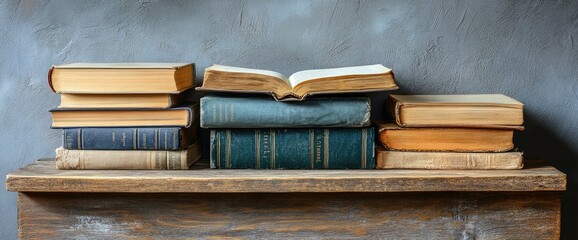 Old books of various colors stacked on a wooden shelf against a gray, textured background