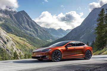 Modern Electric Car Driving Along Scenic Mountain Roads in Summer Sunshine	