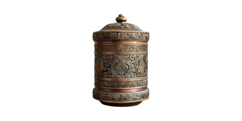 Ornate Bronze Tibetan Prayer Wheel With Intricate Carvings. Spiritual And Cultural Artifact Isolated On Transparent Background