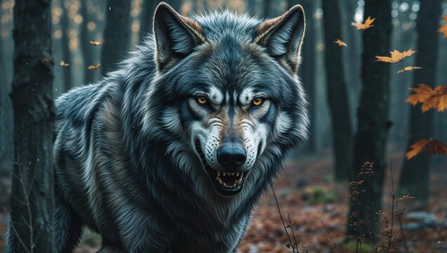 Snarling gray wolf baring teeth among damp tree trunks in misty forest, with drifting autumn leaves - Powered by Adobe
