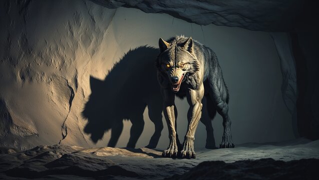 Standing snarling grey wolf casting sharp shadow on rocky cave floor, with rough stone walls - Powered by Adobe