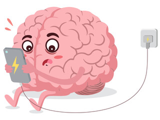 Cartoon brain looking at phone plugged in. Gadget addiction, digital brain overload, brain fatigue.