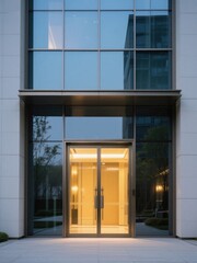 Obraz premium The glass curtain wall facade of a modern building, with warm light emanating from the entrance, showcasing a simple and grand urban architectural style. 