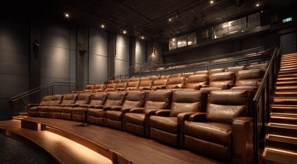 Naklejka premium Luxurious cinema auditorium with rows of brown leather recliner seats, curved wooden floor, and dark walls under dim lighting