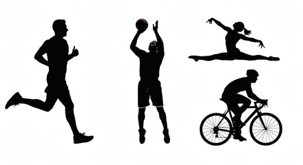 Obraz premium Silhouette of athletes running jumping cycling playing basketball on white isolated background