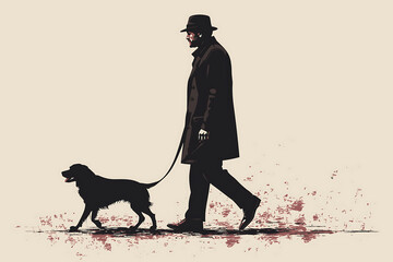 Stylish guy walking a dog on a leash vector drawing illustration.