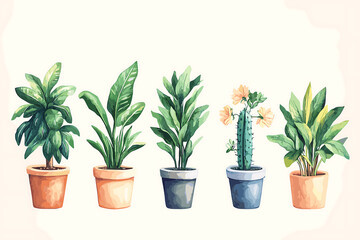 Hand drawn houseplants monstera and cactus flower illustration.