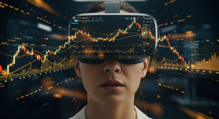 Woman explores financial analytics using virtual reality headset for immersive investment experience in innovative future technology