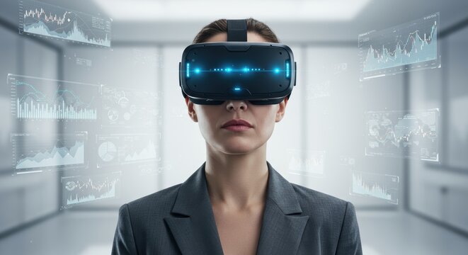 Businesswoman analyzes financial market data using virtual reality headset for innovative investment strategy and digital transformation