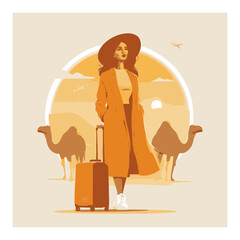 Stylish Traveler in Desert Landscape with Camels and Sunset Background