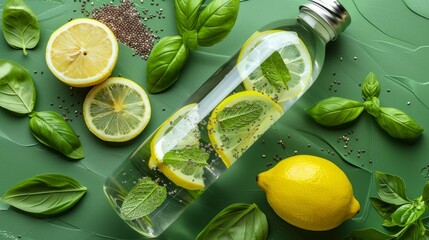 Dynamic flat lay of lemon mint infused water bottle, chia seeds, and basil on green backdrop