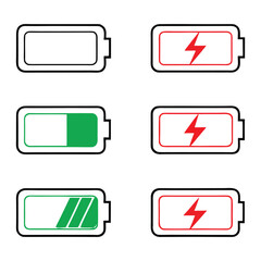  Battery Charge and Power Indicator Icons in Various Levels and States.