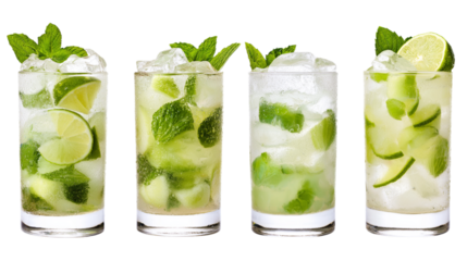 Four refreshing mojitos isolated on white background