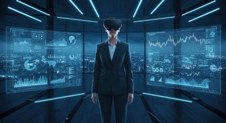 Futuristic businesswoman uses VR to analyze stock market data charts and graphs in a modern office overlooking a vibrant cityscape